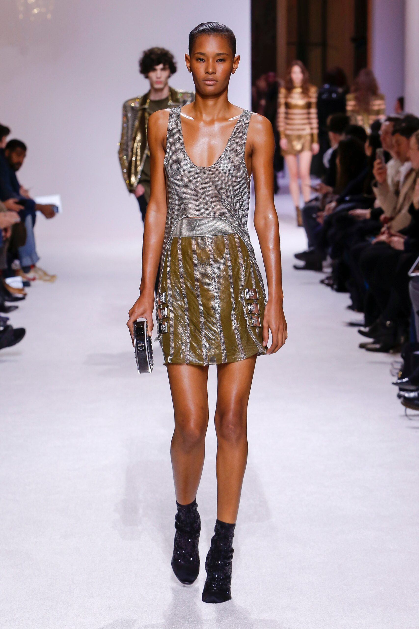 green metallic sleeveless mini dress