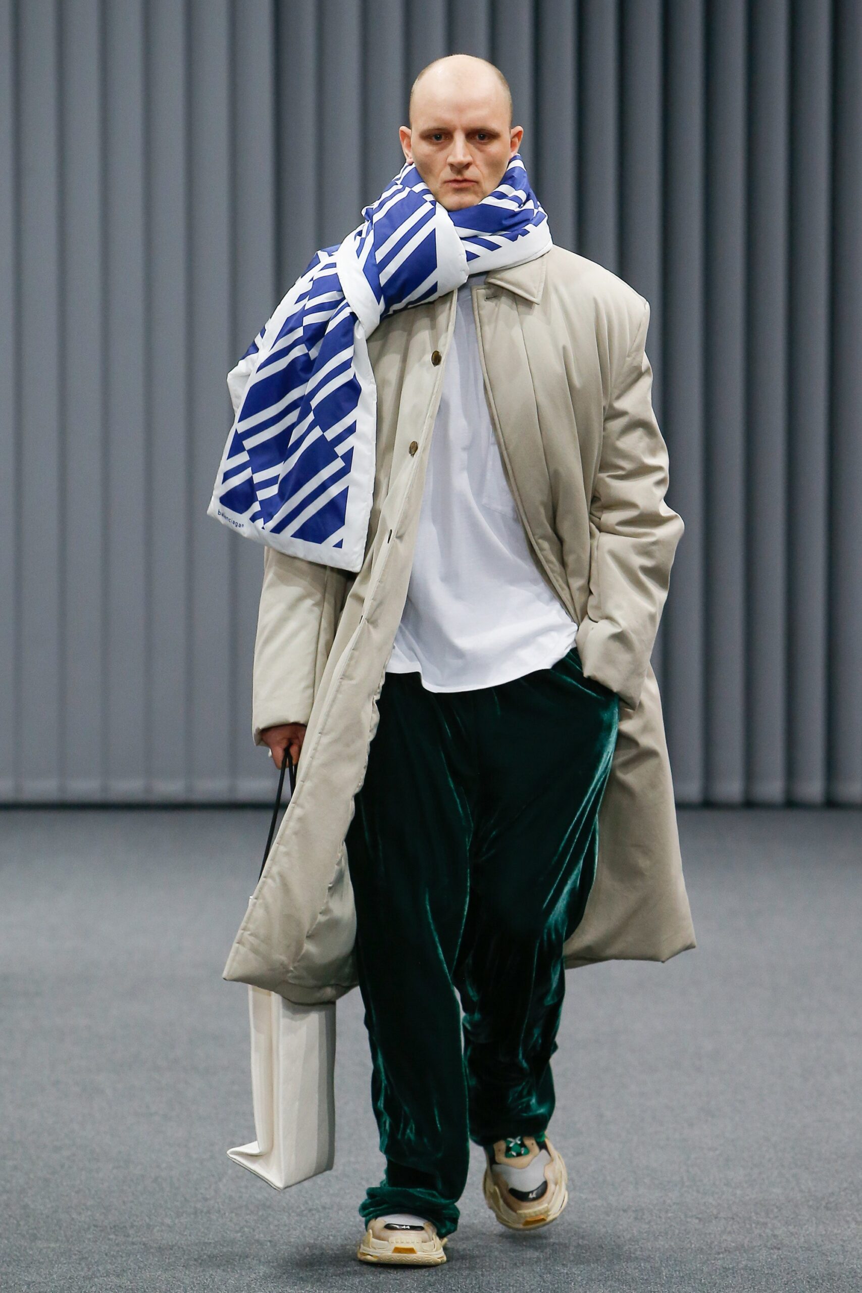 beige coat with green velvet pants