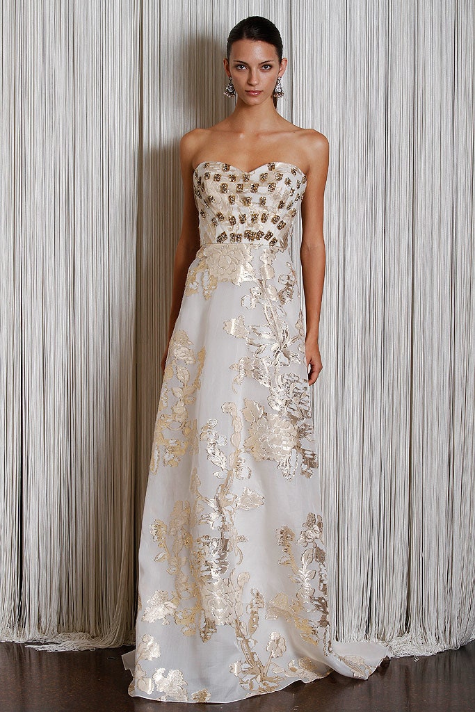 white gold embroidered strapless gown