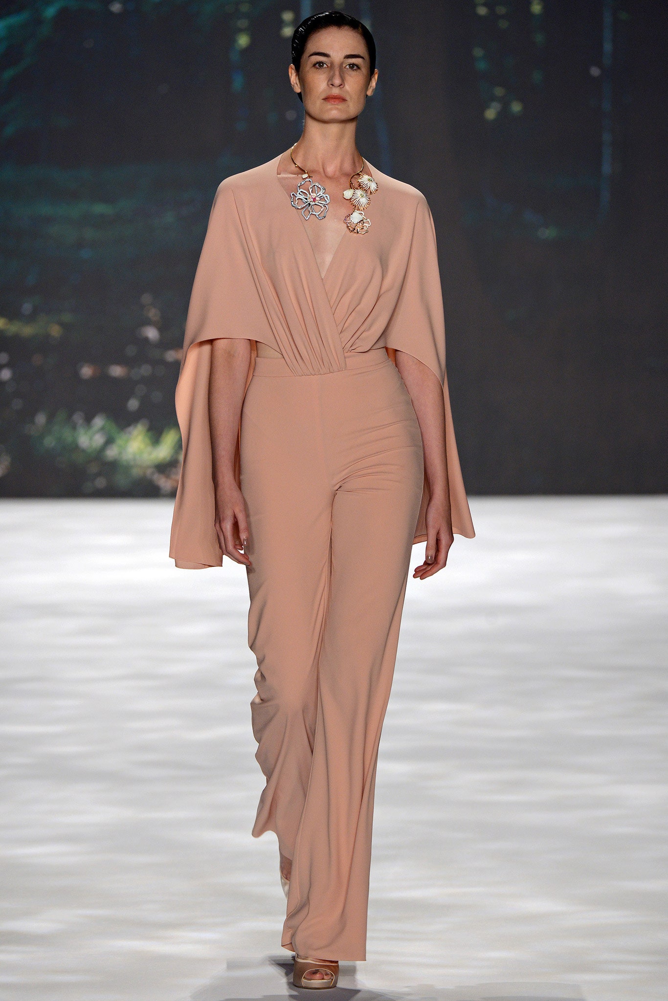 beige silk fitted jumpsuit