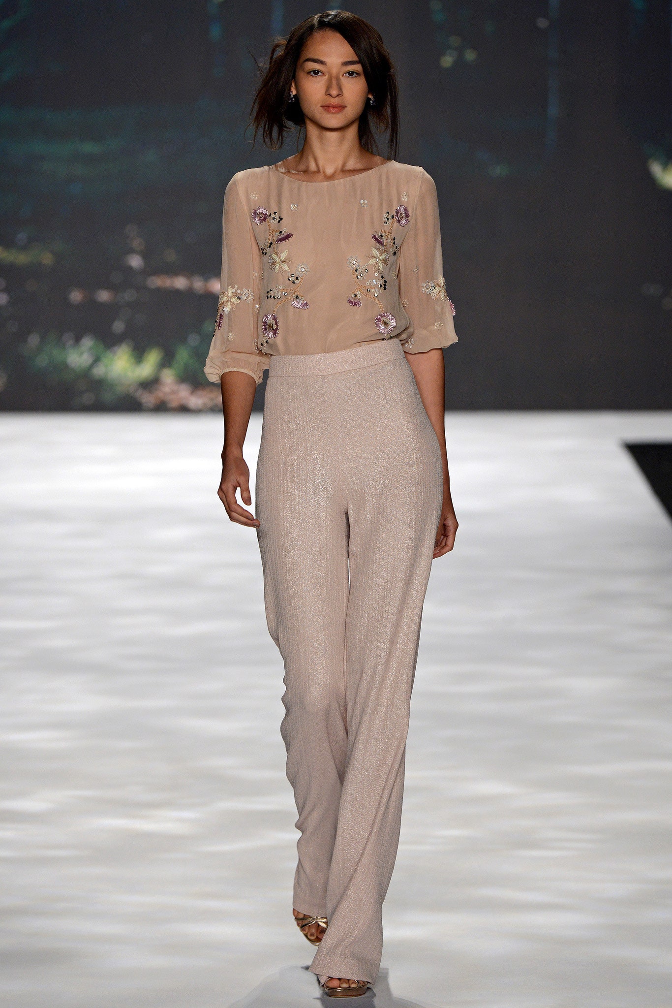beige silk long-sleeve collared fitted embroidered blouse