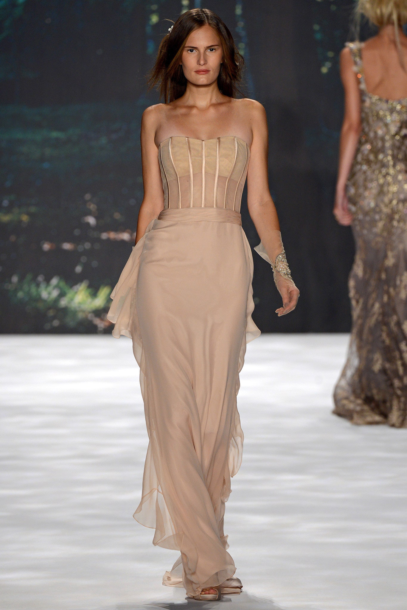 beige silk strapless gown