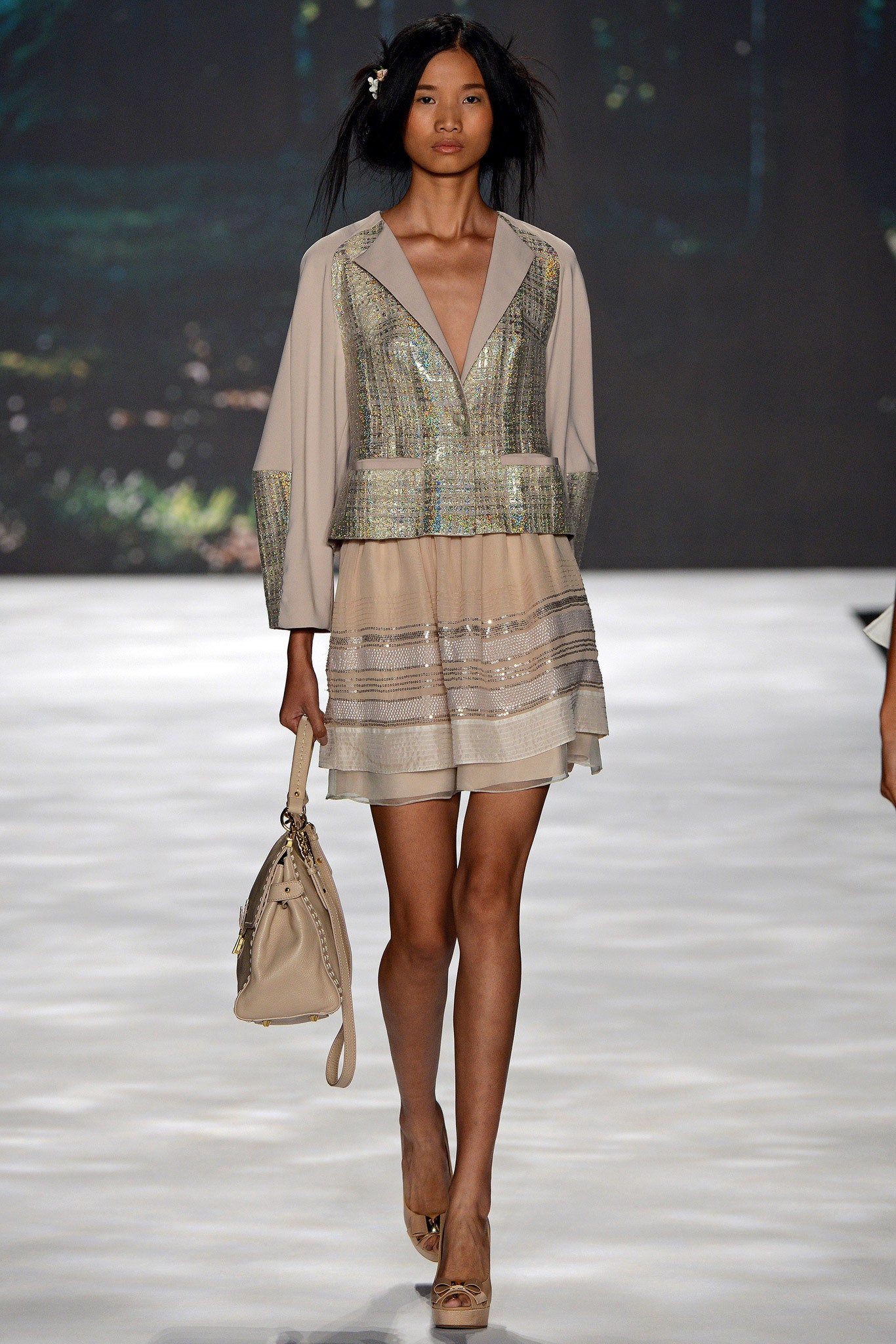 beige silk long-sleeve collared fitted zippered layered jacket