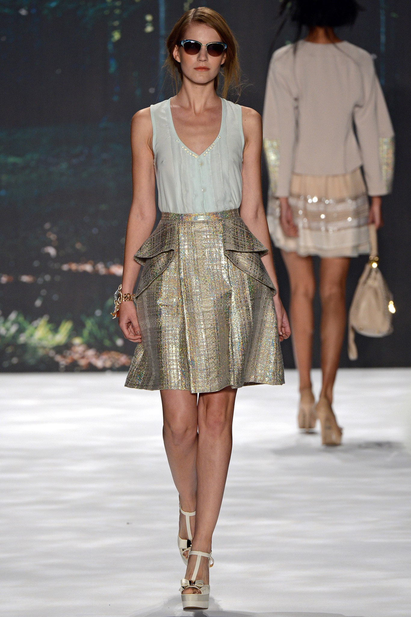 multi metallic fitted flared shiny skirt