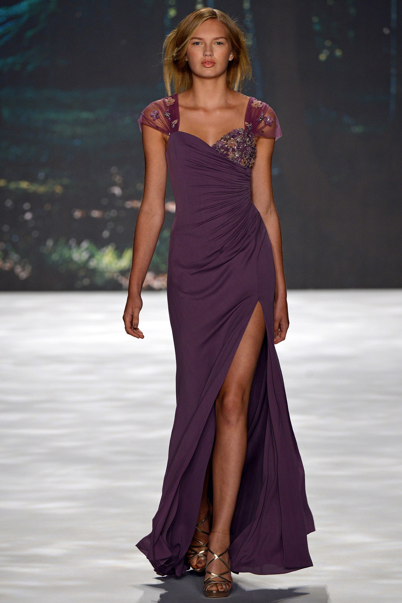 fitted purple silk gown