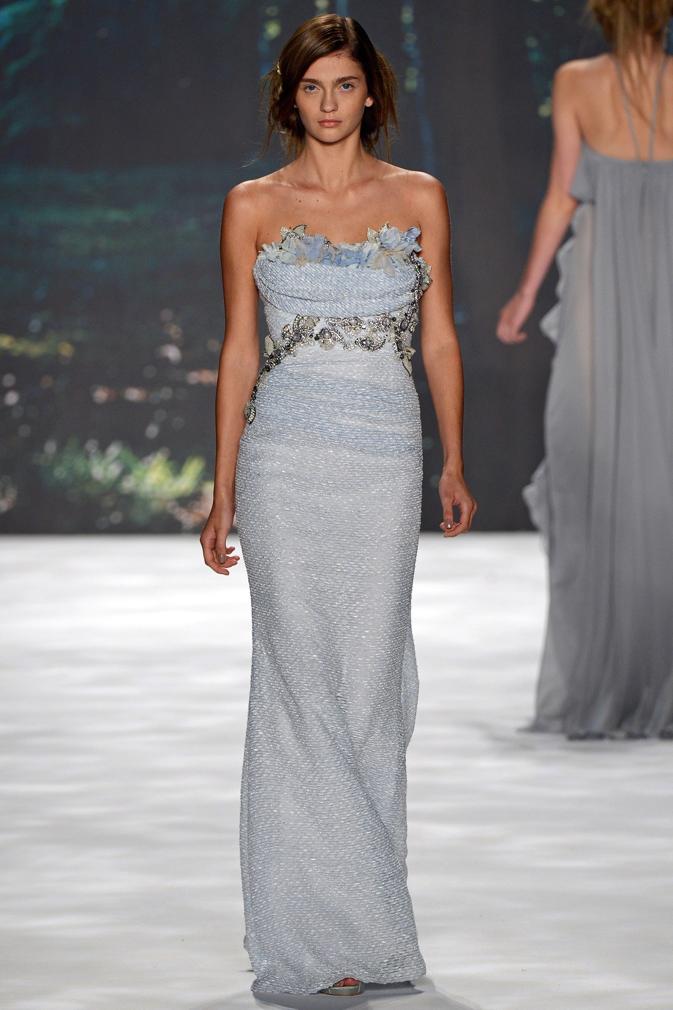 blue silk strapless gown
