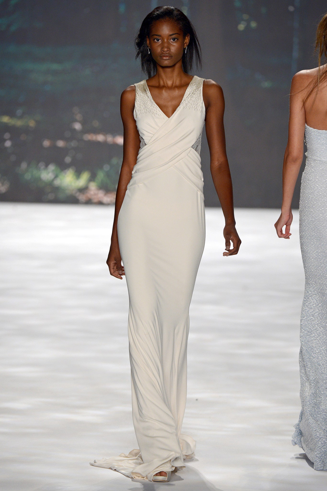 fitted white silk gown
