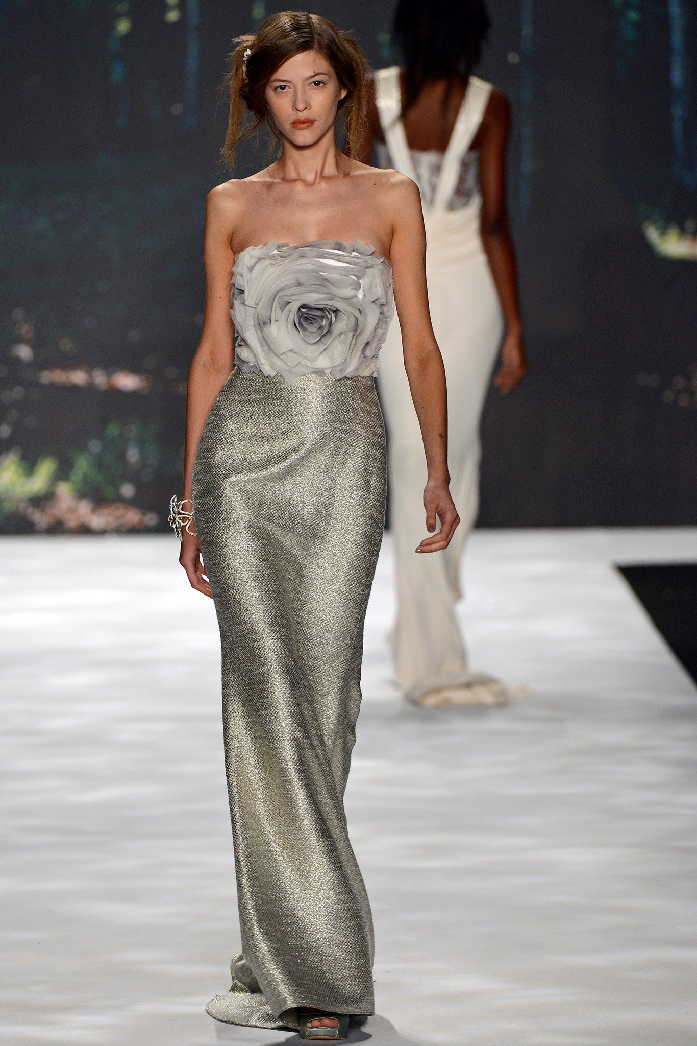 silver satin strapless gown