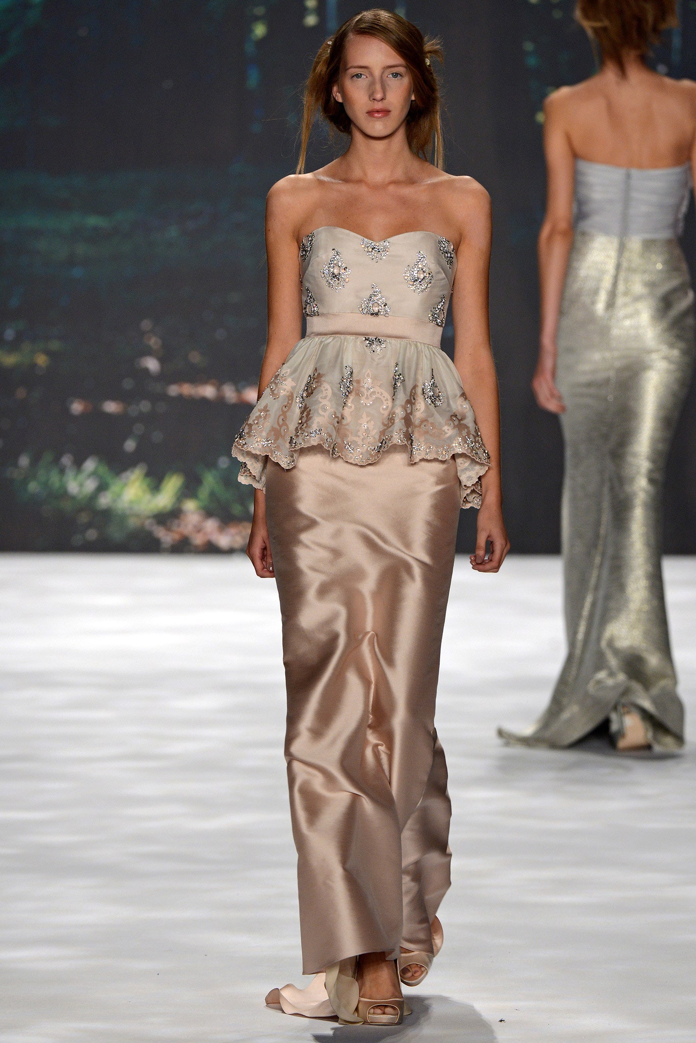 beige silk strapless gown