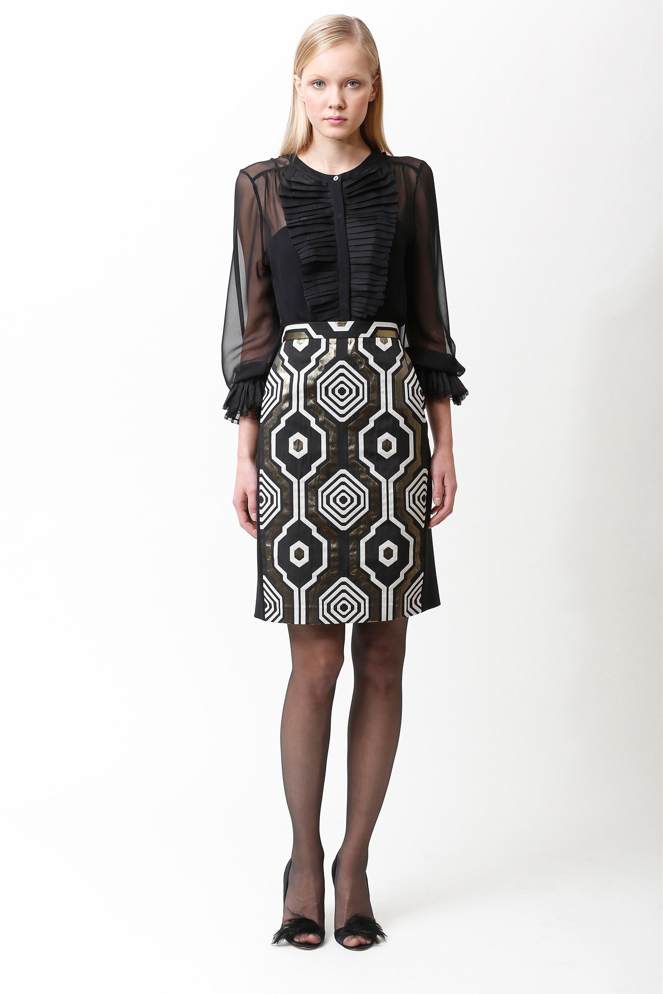 black silk ruffled blouse and pencil skirt