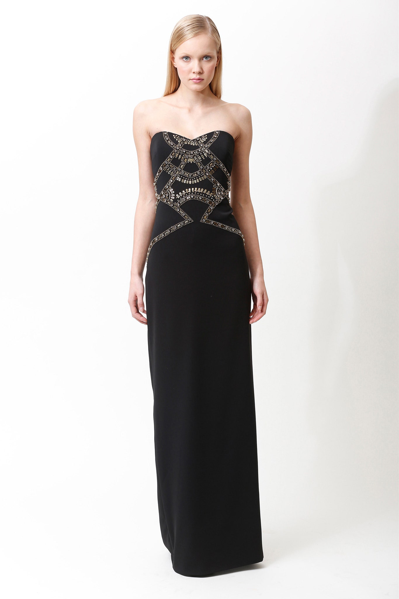 black beaded strapless gown