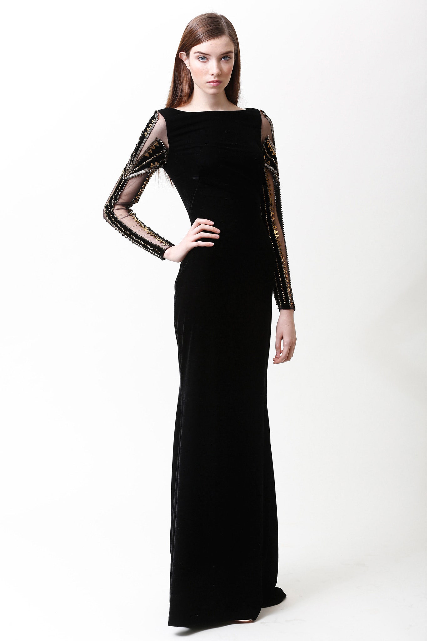 black velvet long-sleeve gown