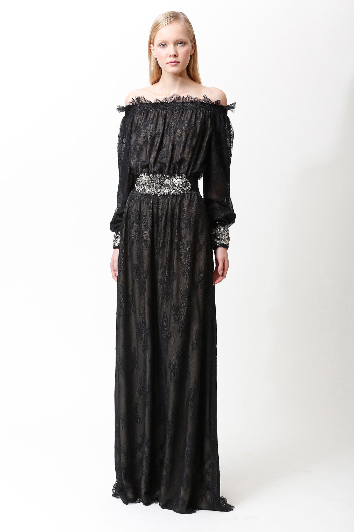 black lace off-shoulder gown