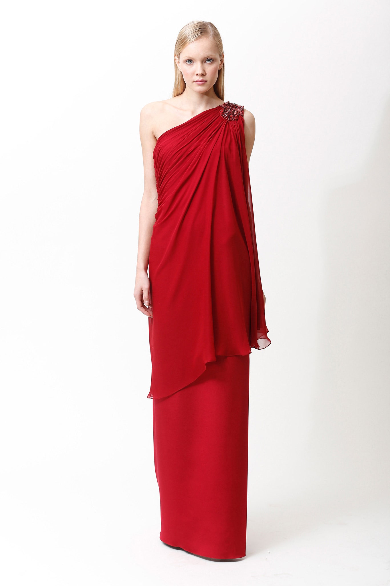 red chiffon one-shoulder gown