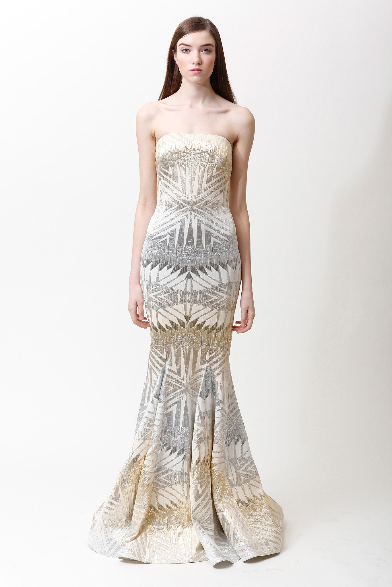 strapless white and gold gown