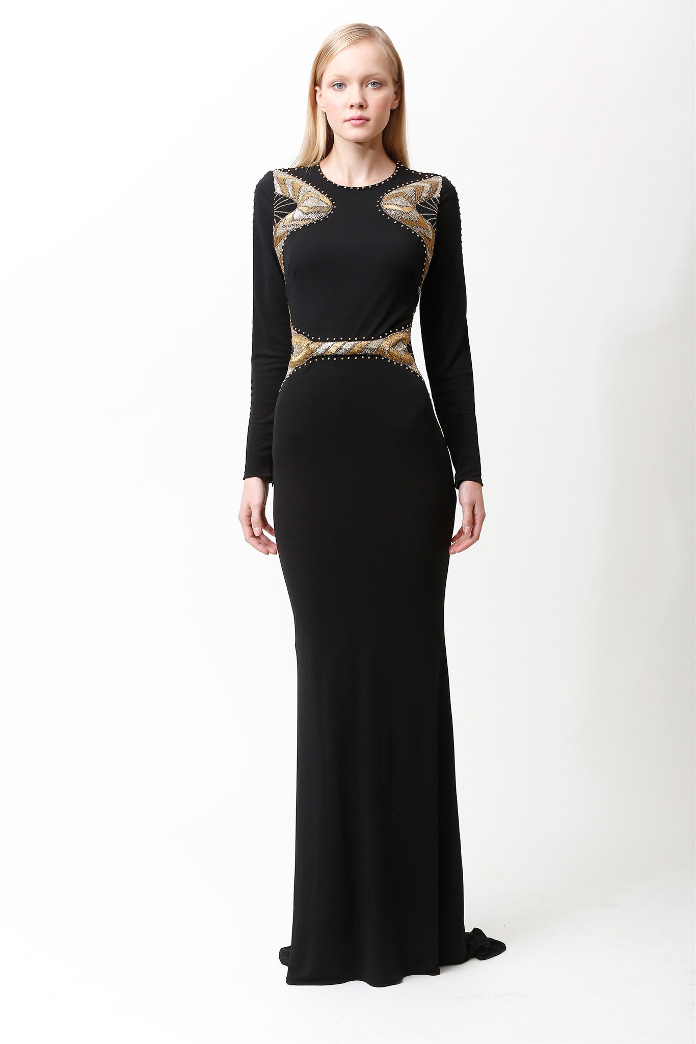 black fitted long-sleeve gown