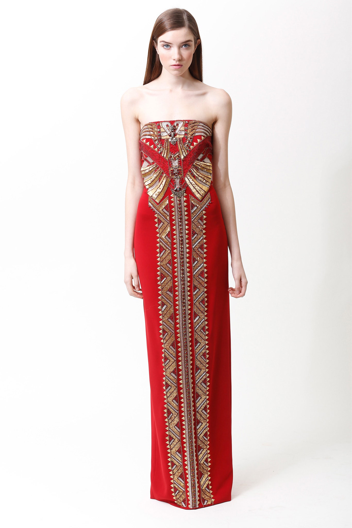 red strapless embellished gown