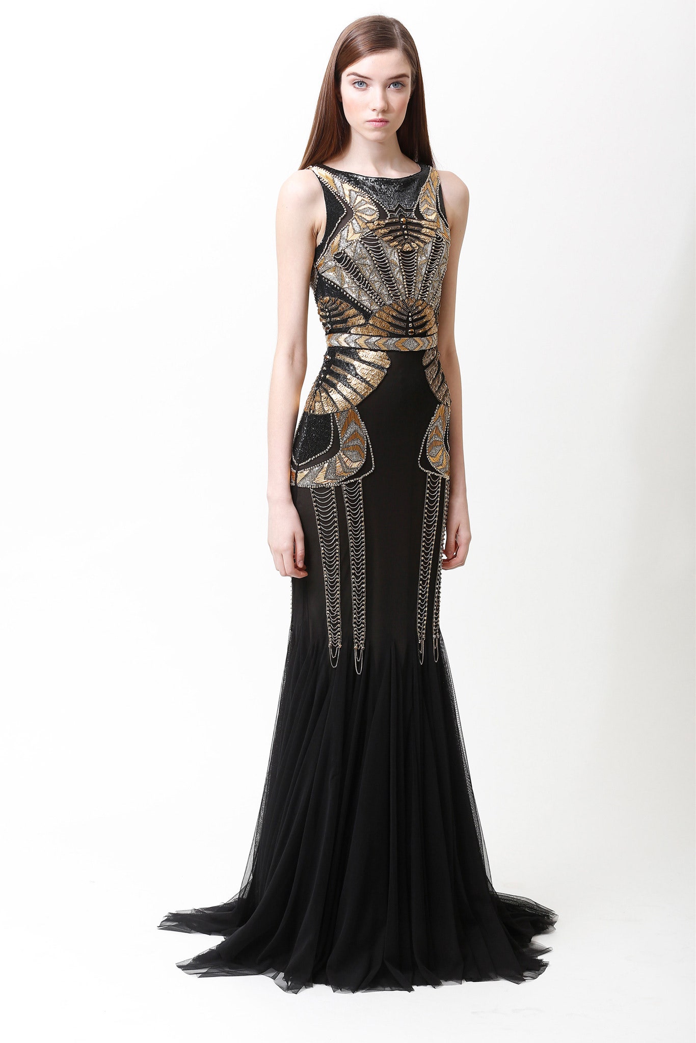 black and gold embellished gown