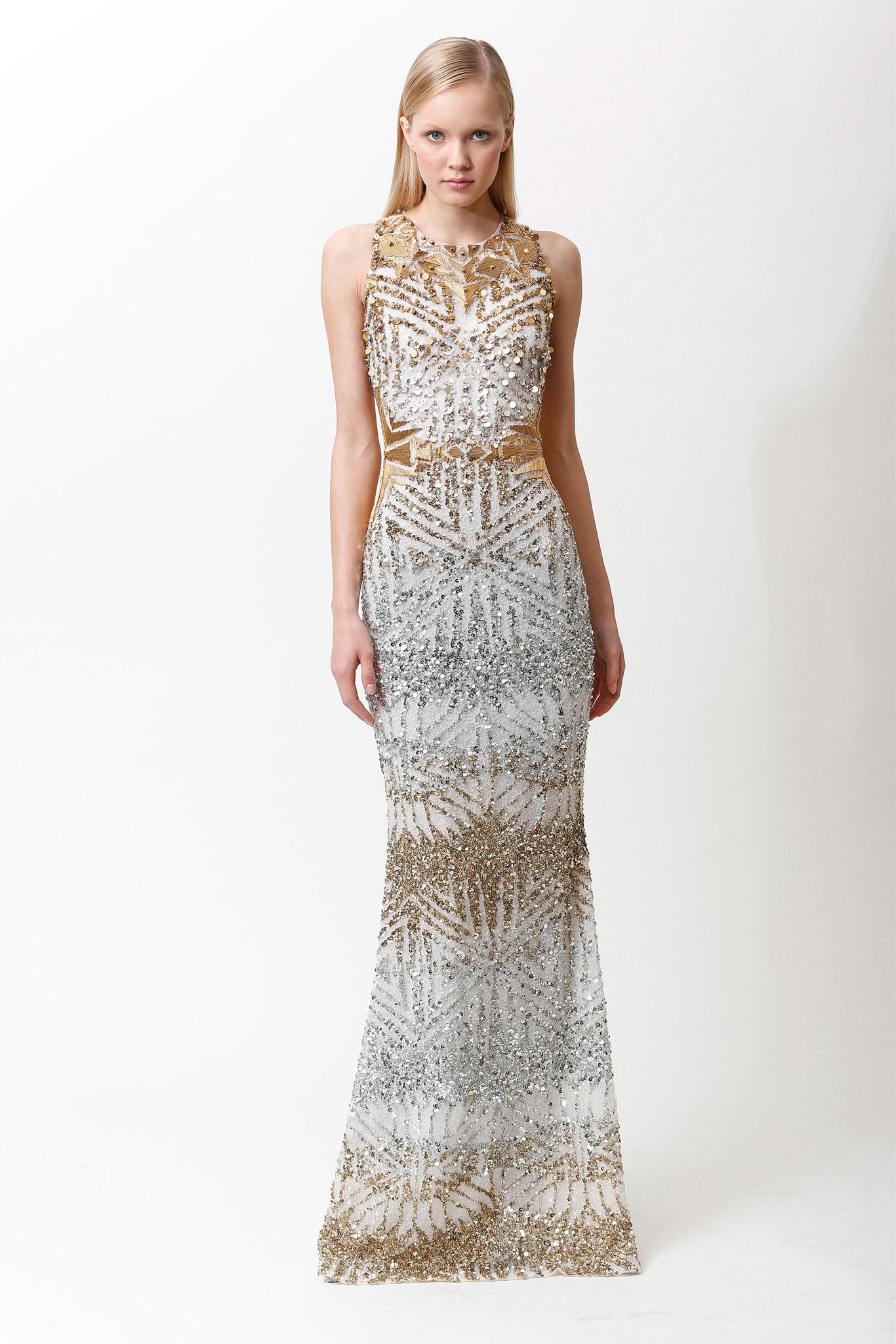 white and gold embellished gown