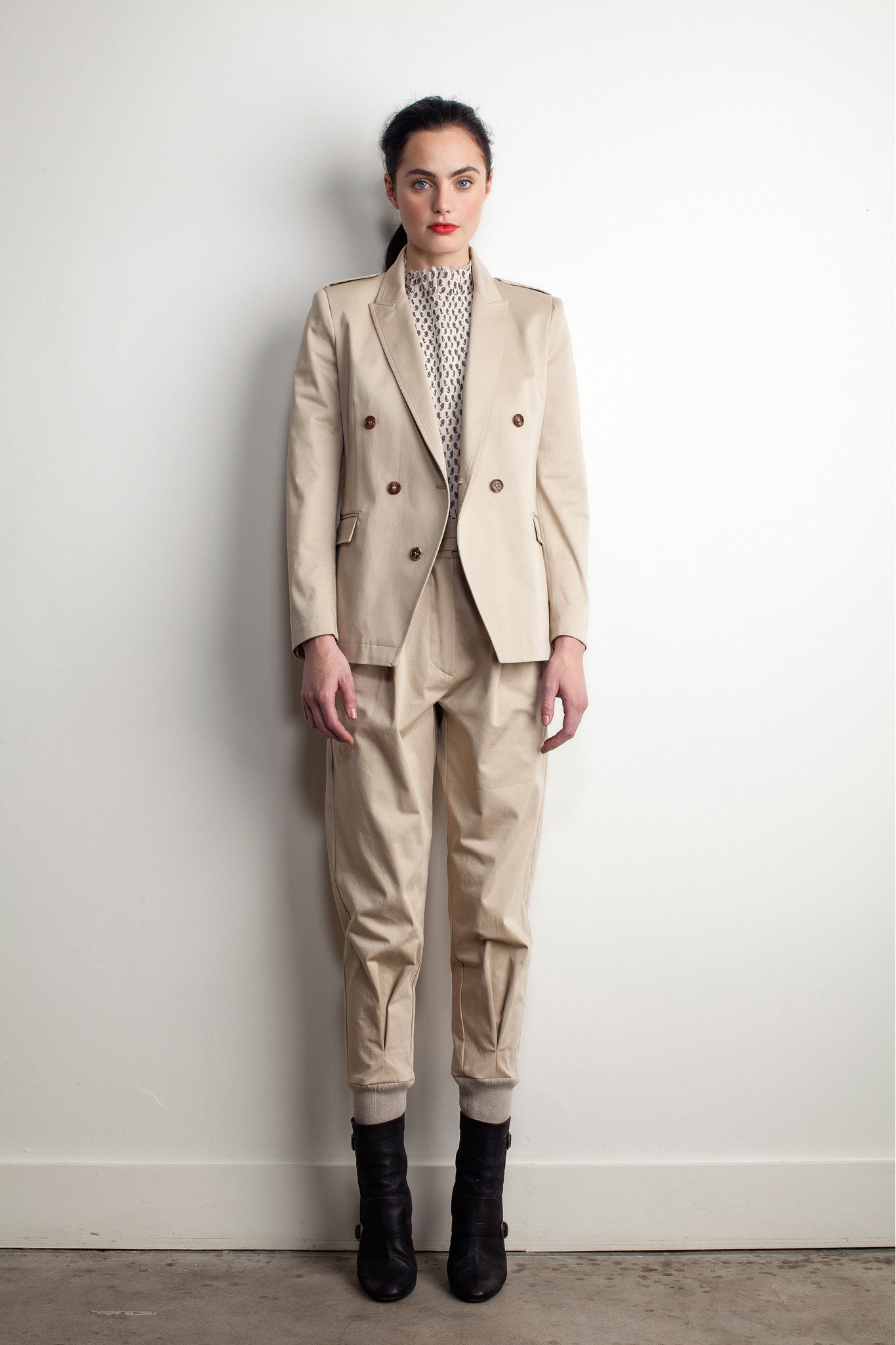 beige tailored blazer with lace top