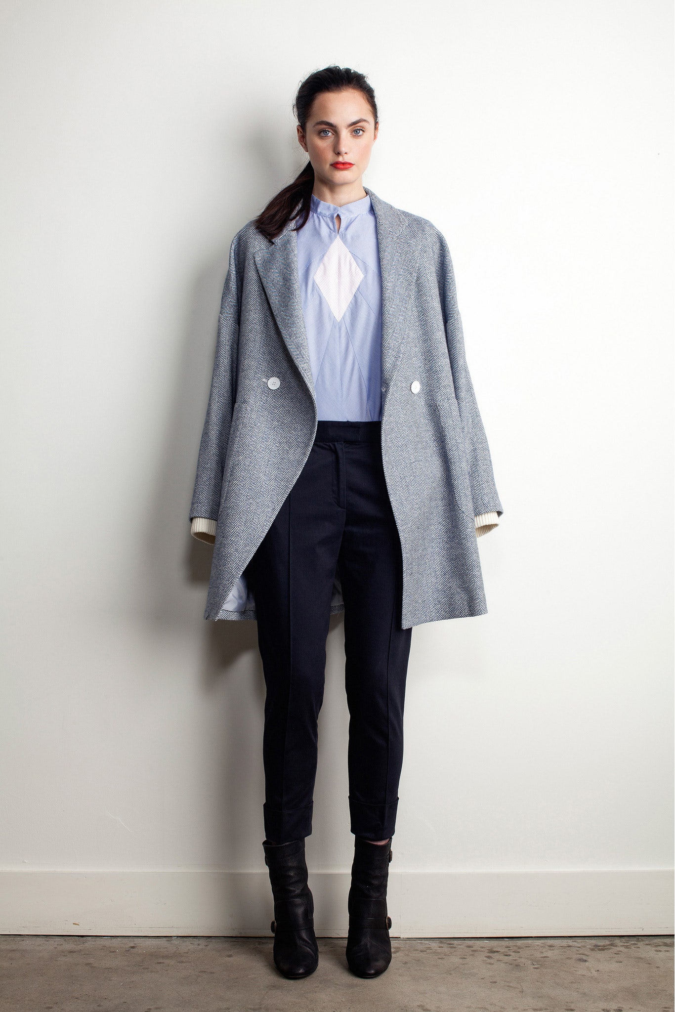 gray wool coat with blue shirt