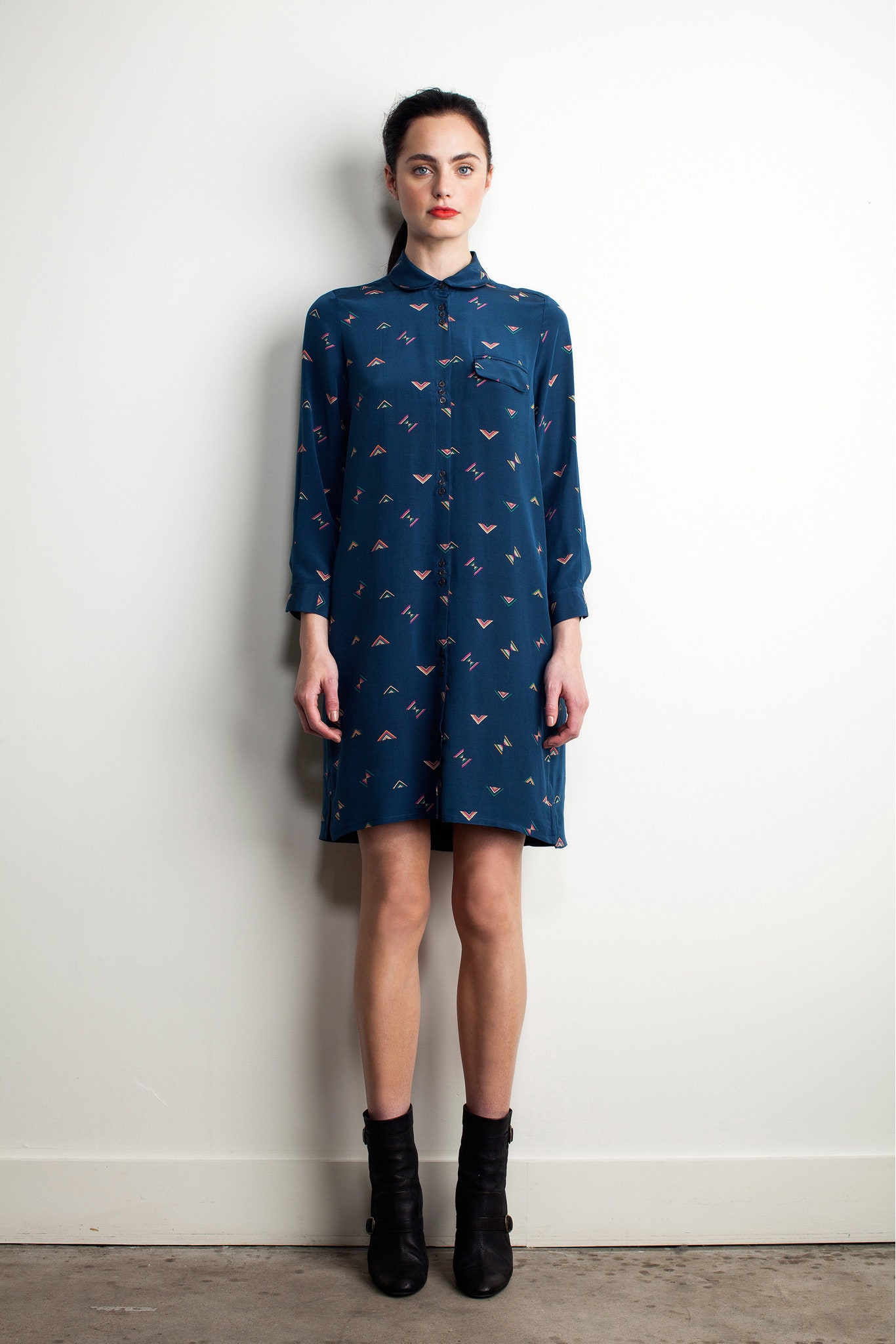 blue printed silk shirt-dress