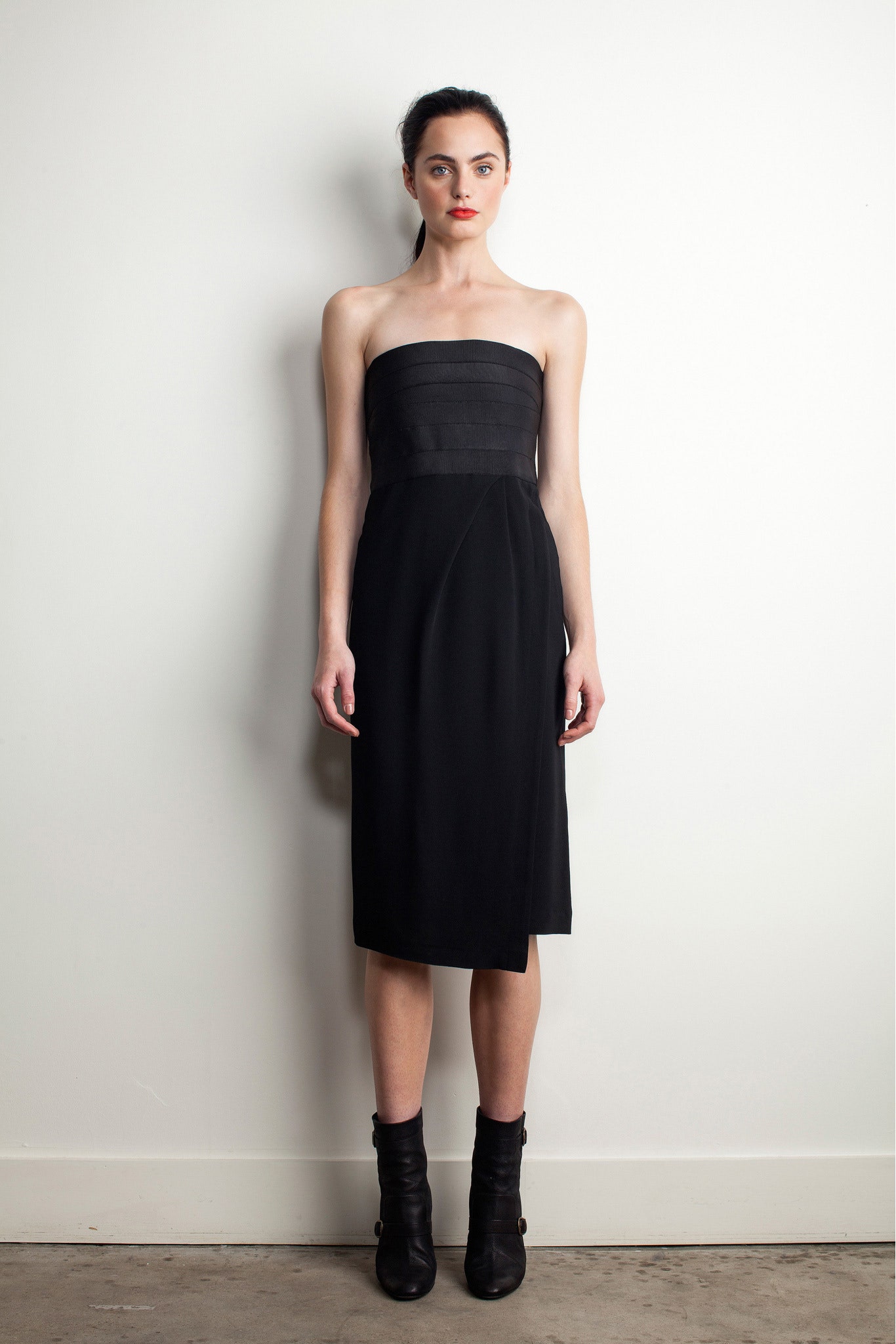 black strapless asymmetric dress