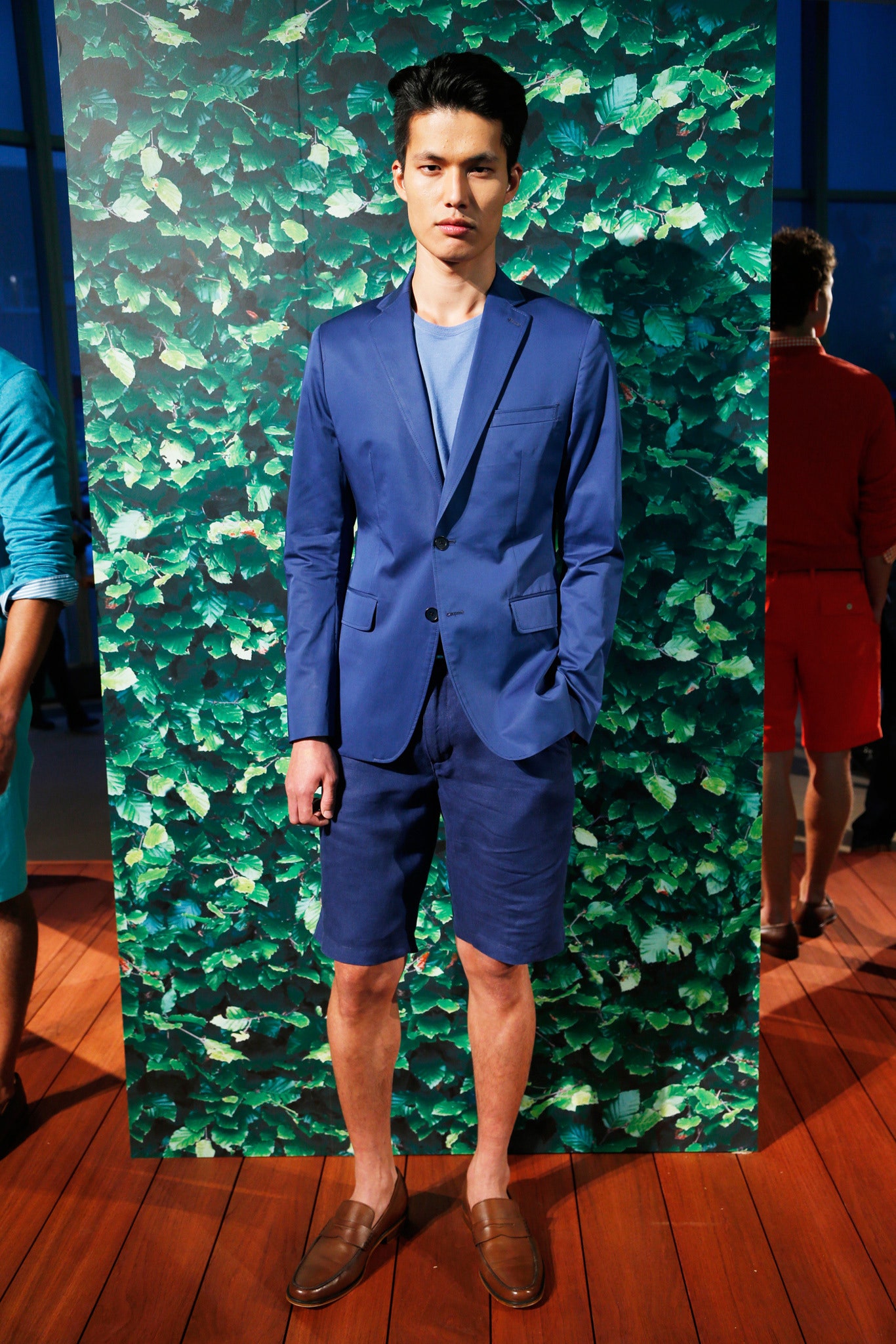 blue tailored blazer with shorts