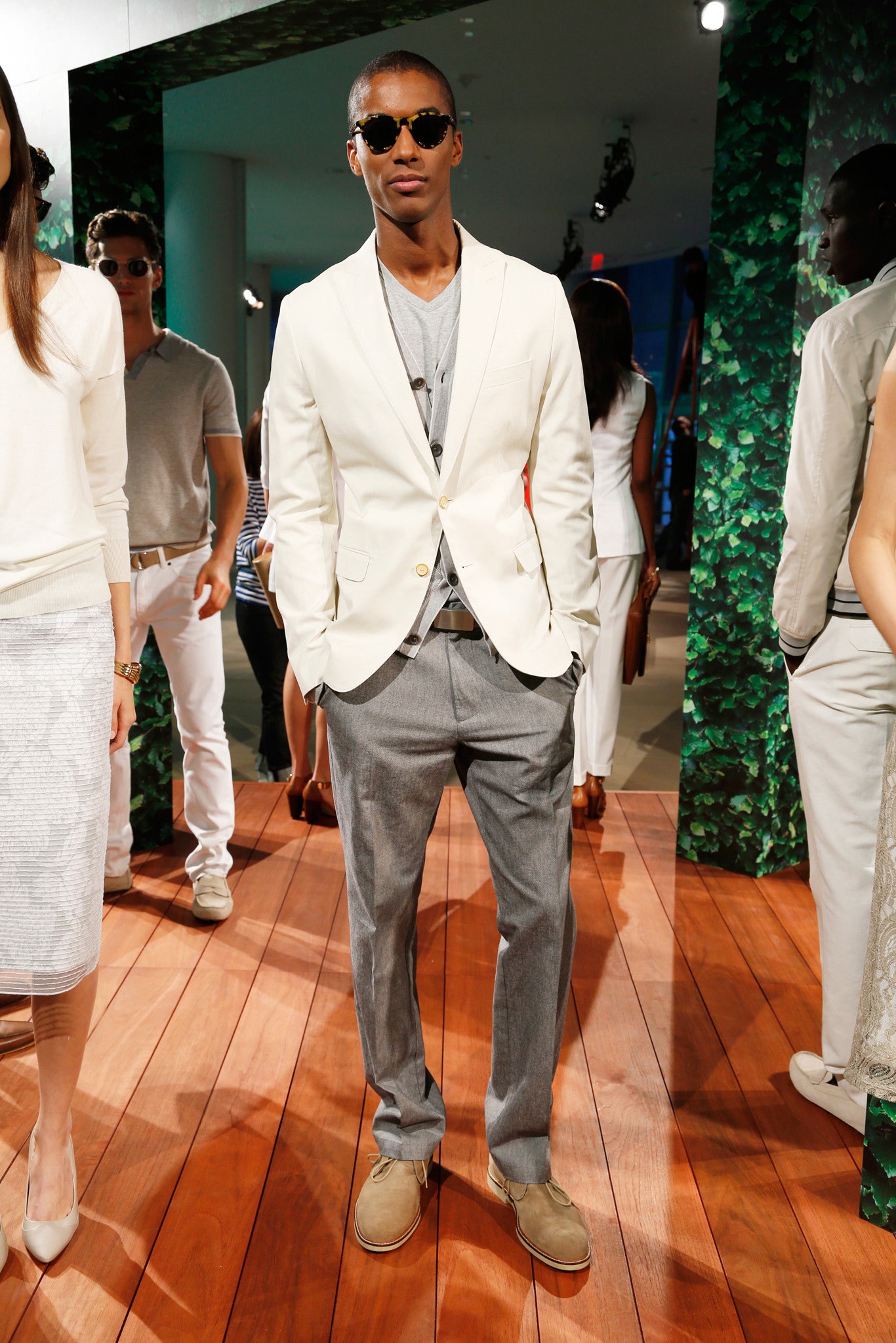 white tailored suit with gray pants