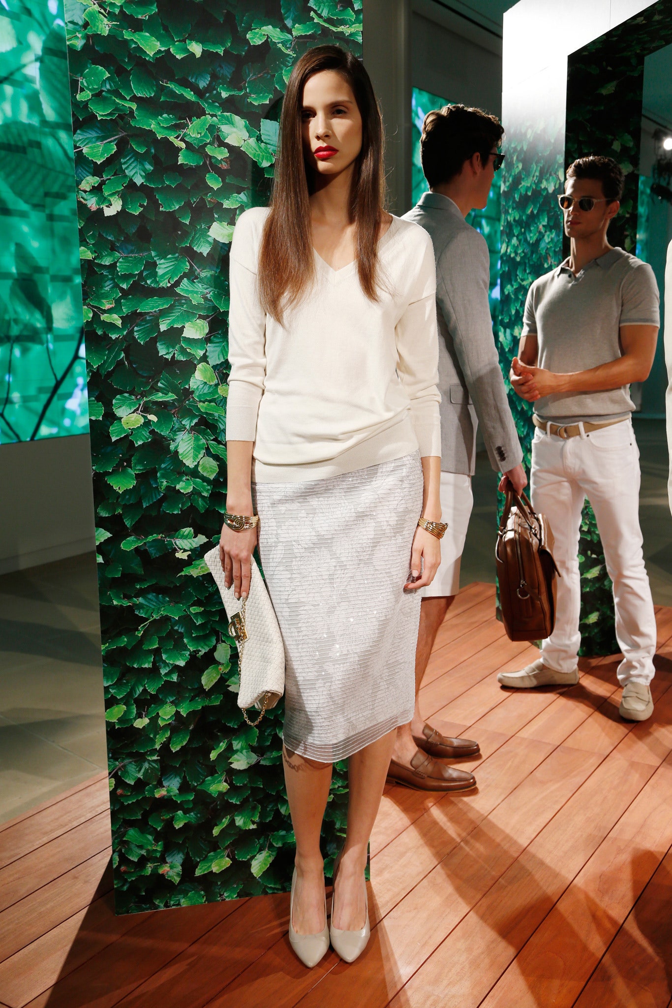 white fitted top gray pencil skirt
