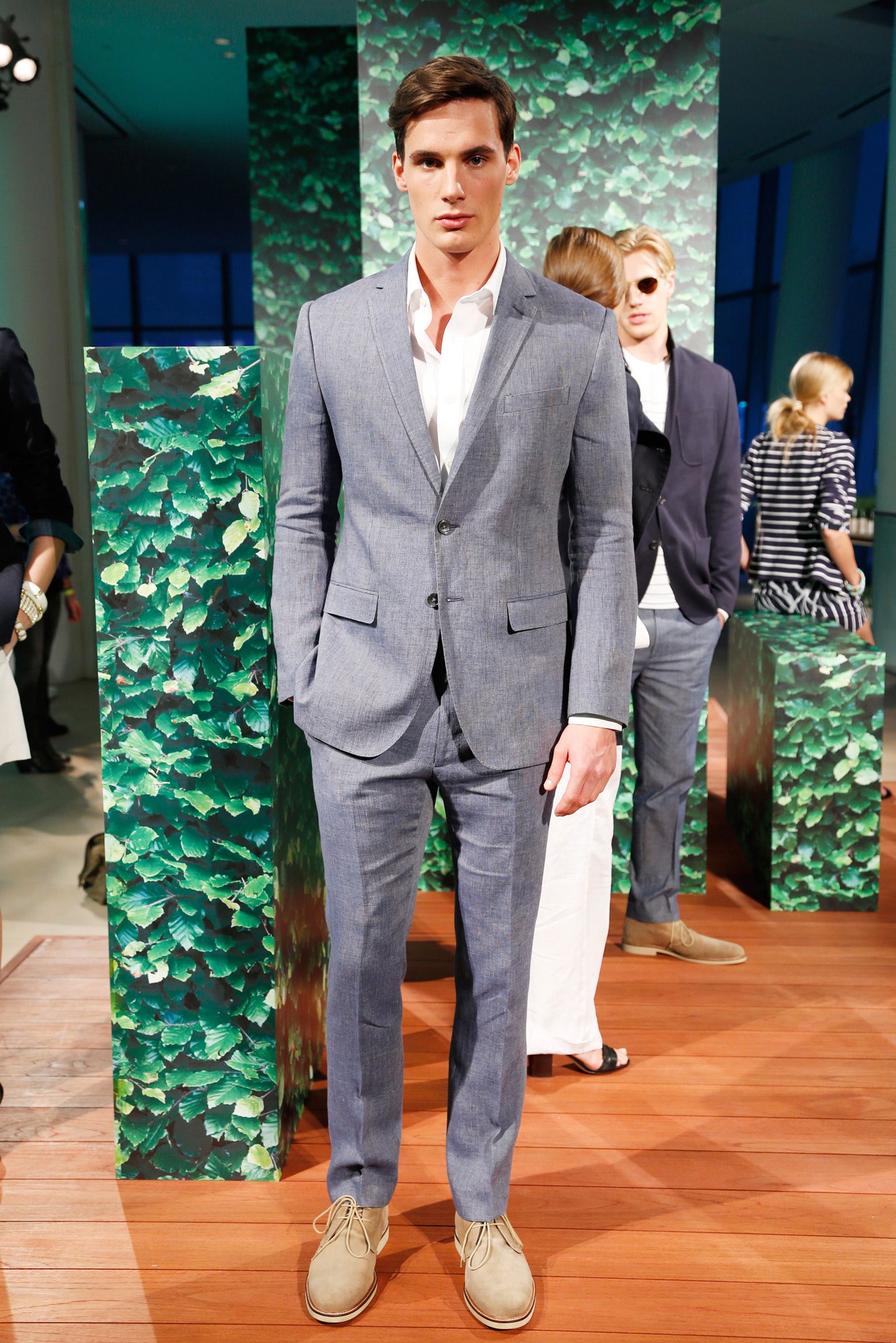 blue tailored suit with white shirt
