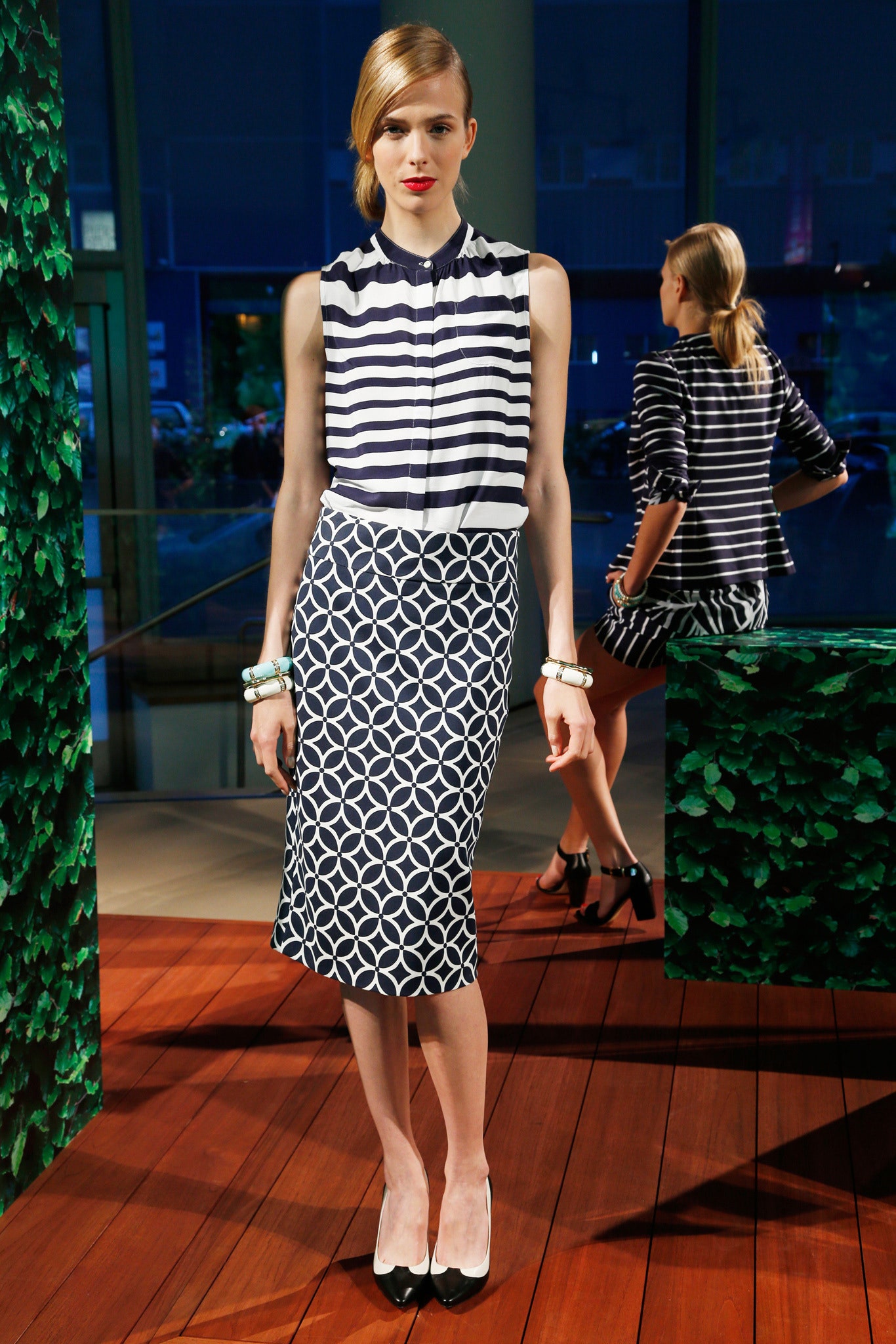 striped top and pencil skirt