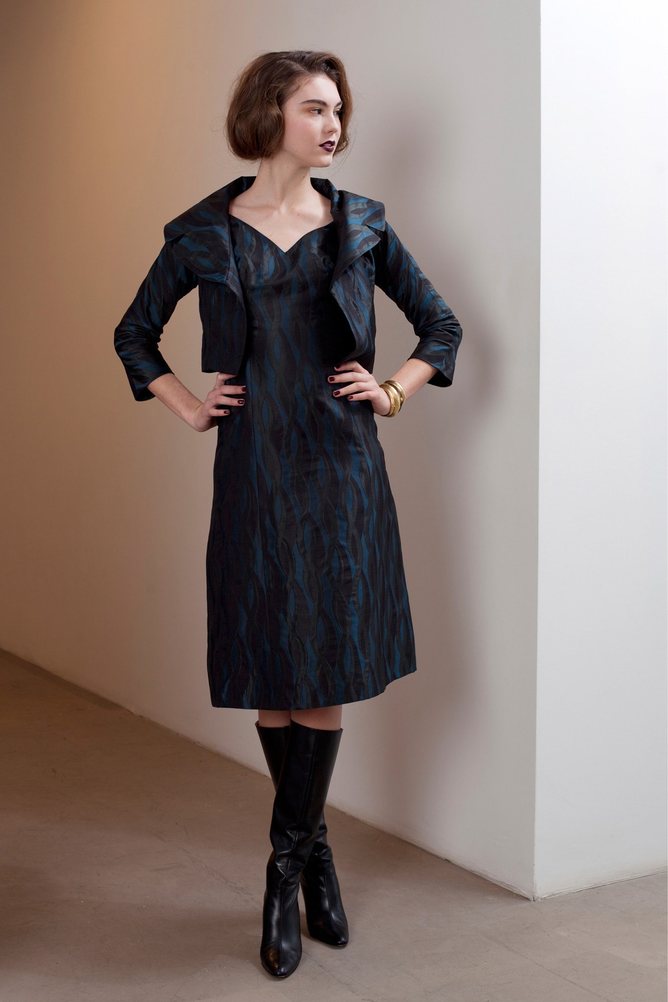 black silk long-sleeve collared structured layered jacket