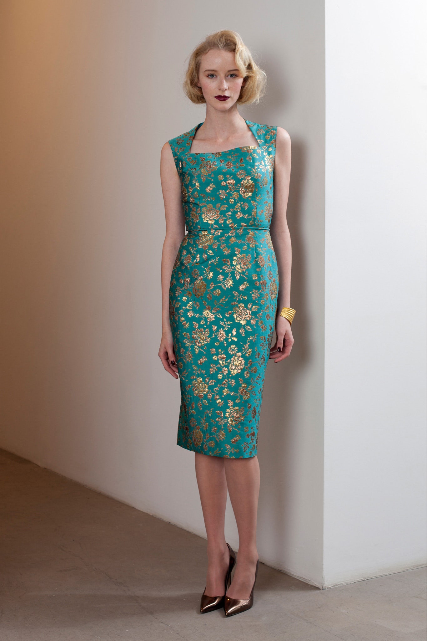 teal embroidered midi dress with heels