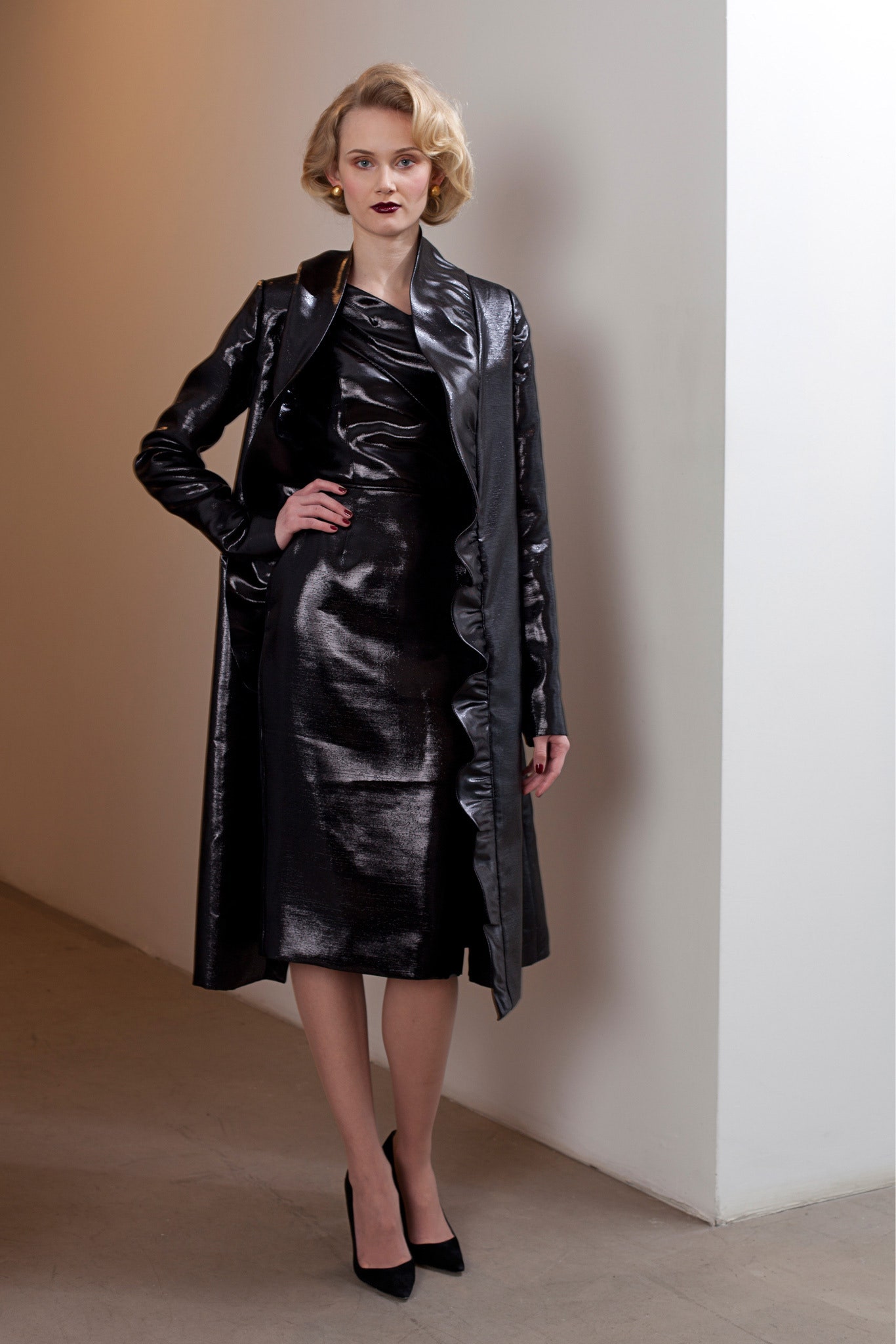 black leather midi dress and coat