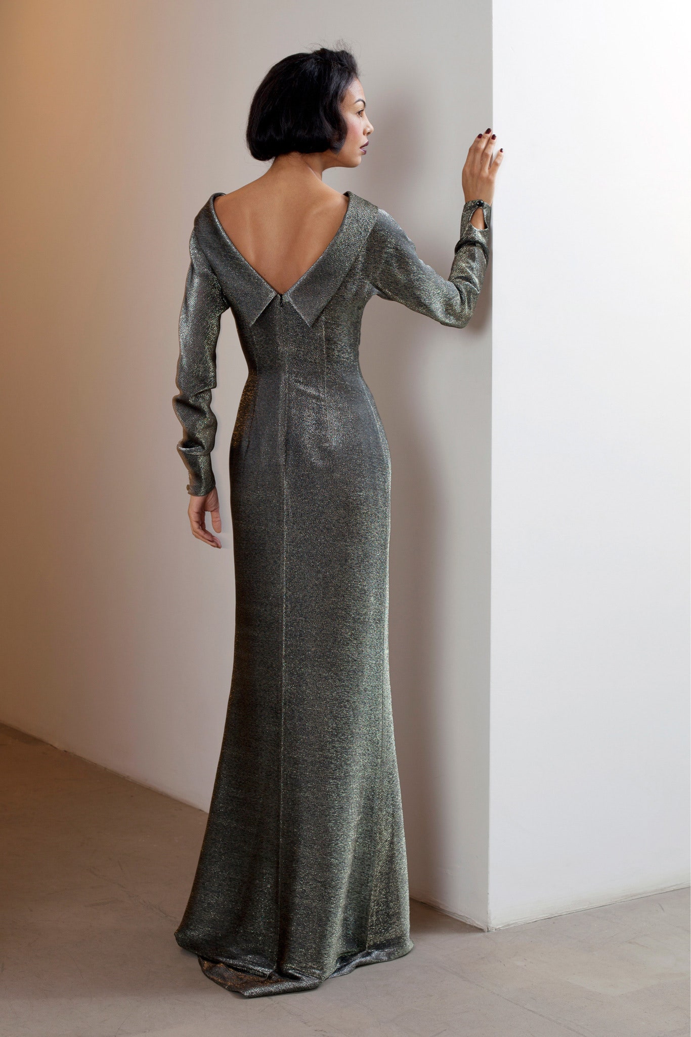 fitted green metallic gown
