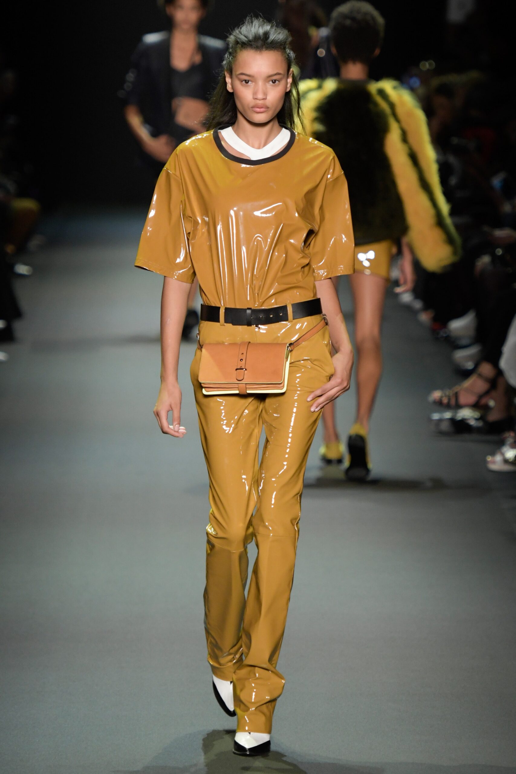 brown vinyl fitted straight-leg shiny pants