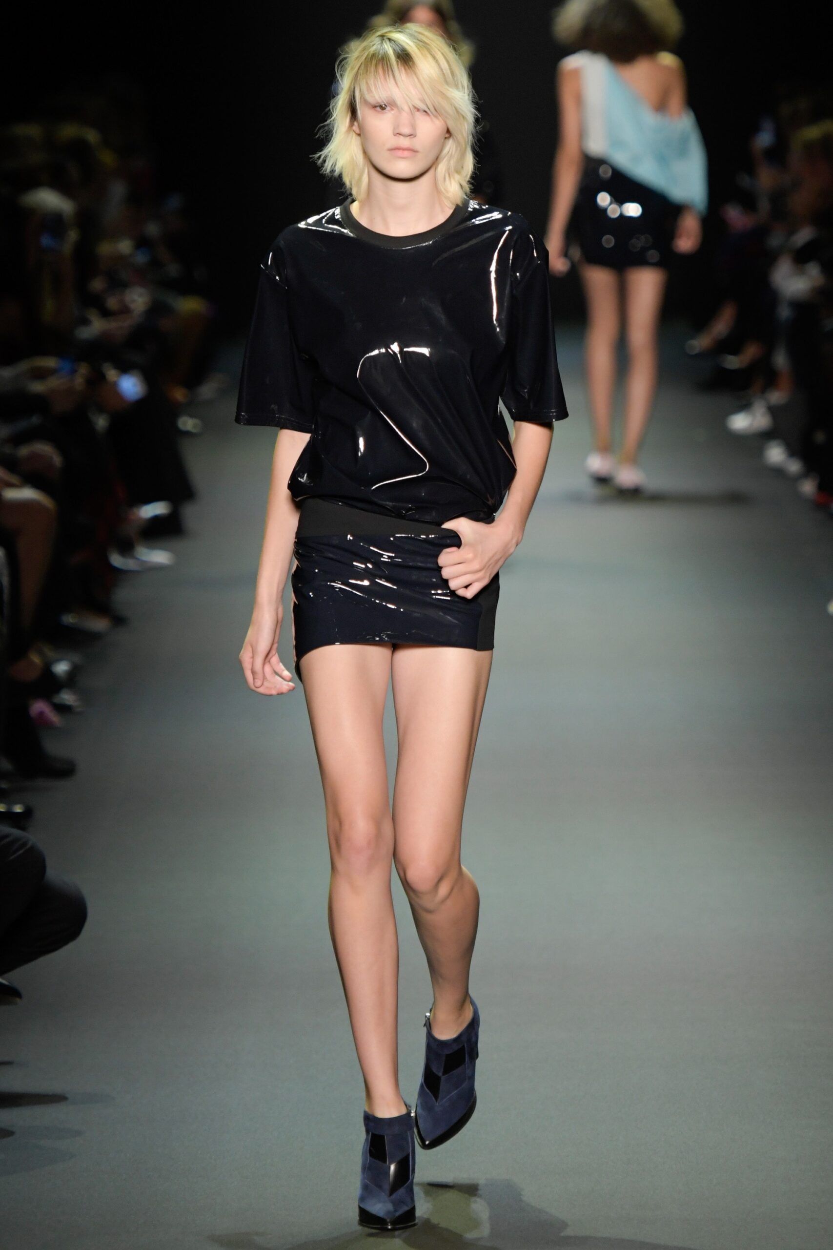 black vinyl short-sleeve collared fitted zippered shiny top