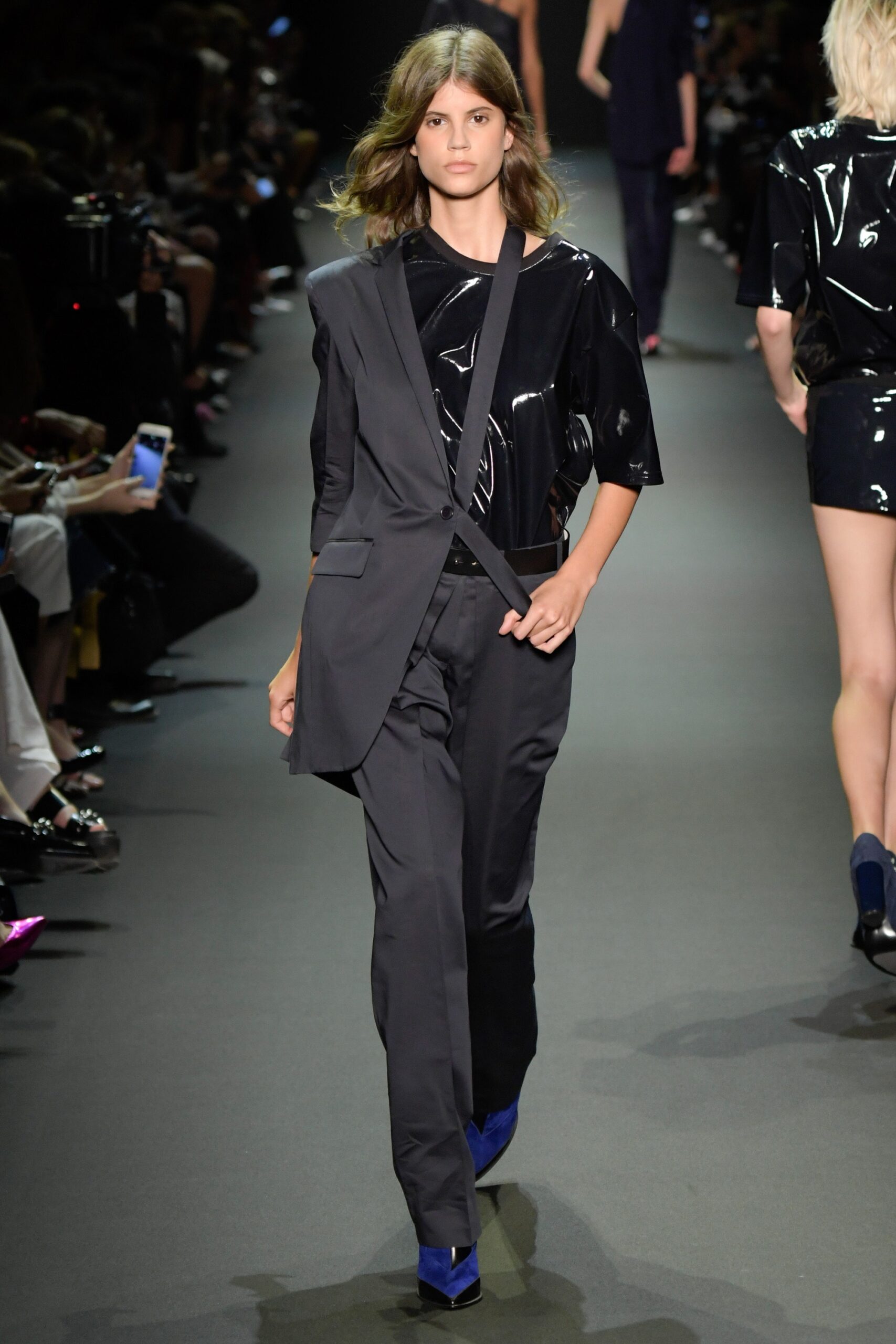 black vinyl asymmetric blazer