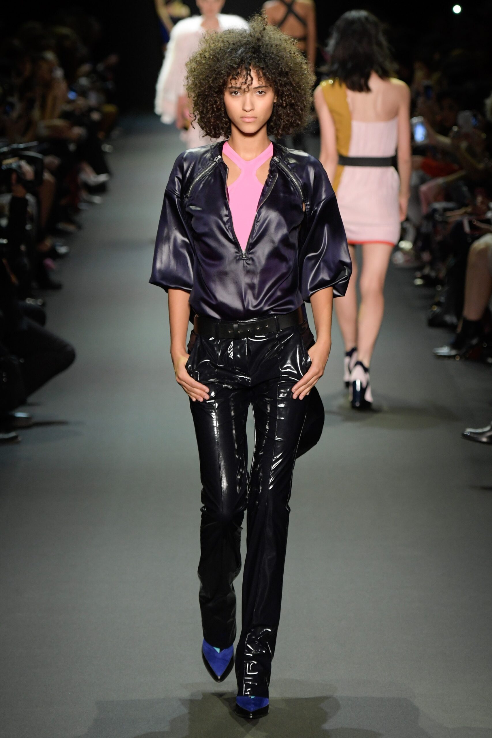 black vinyl relaxed top and fitted pants