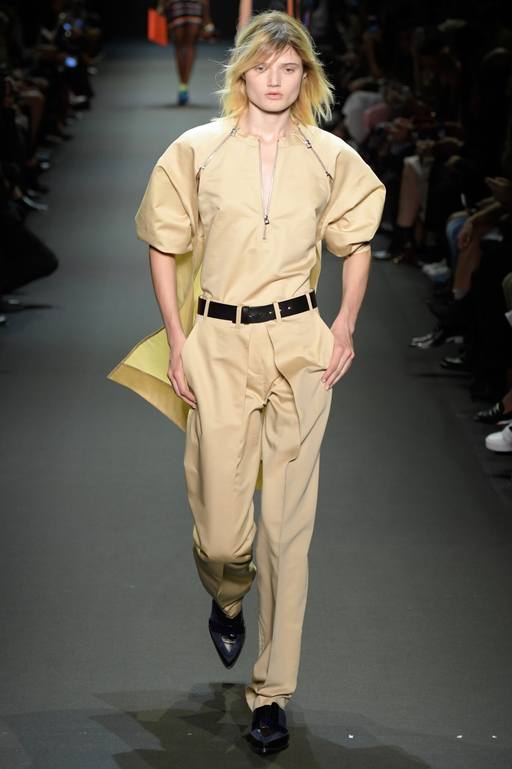 beige fitted jumpsuit with black belt