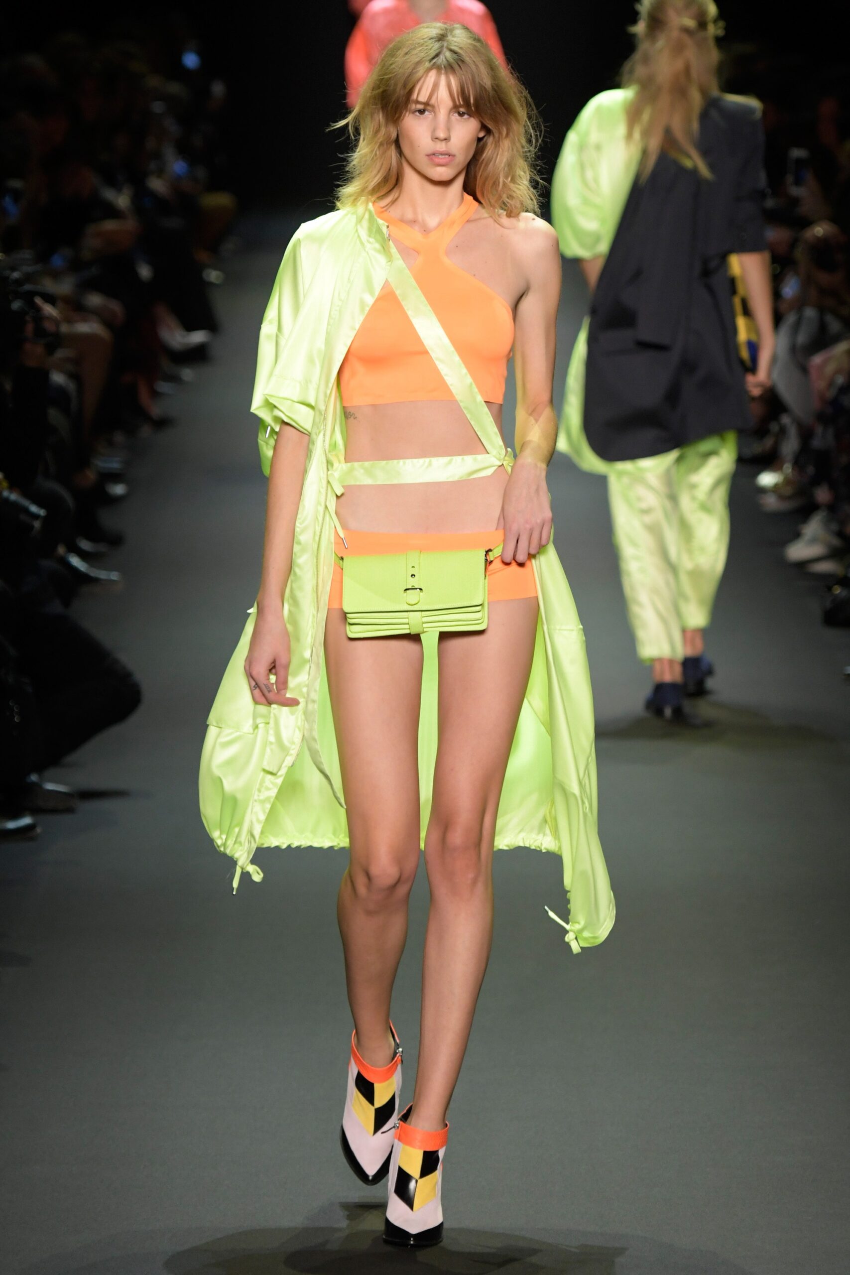 neon green oversized coat with orange top