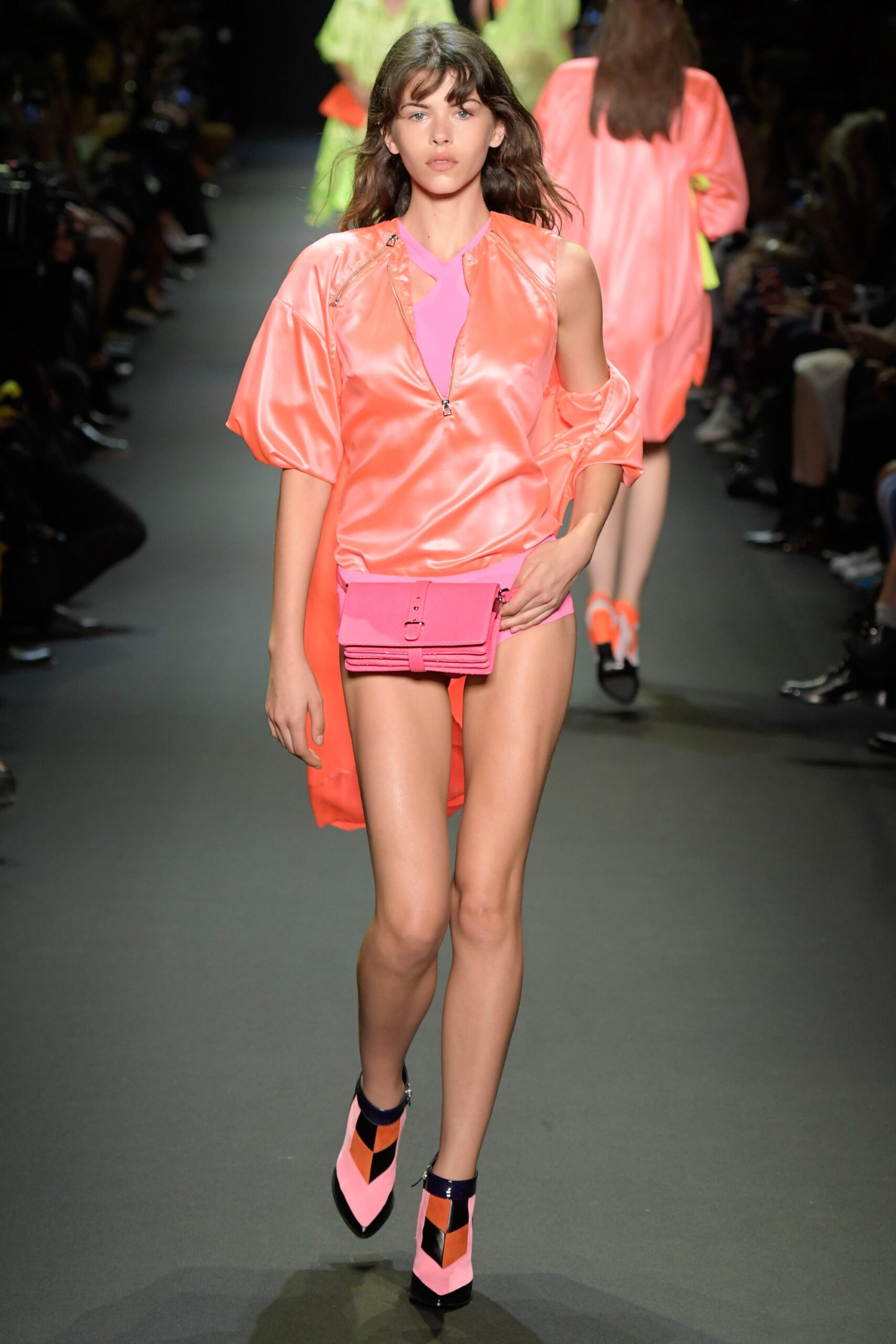 pink mini dress with oversized coat