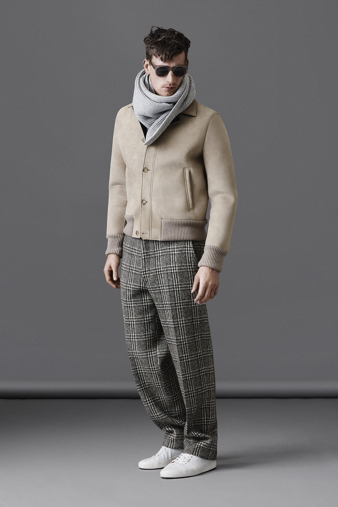 beige suede jacket with relaxed pants