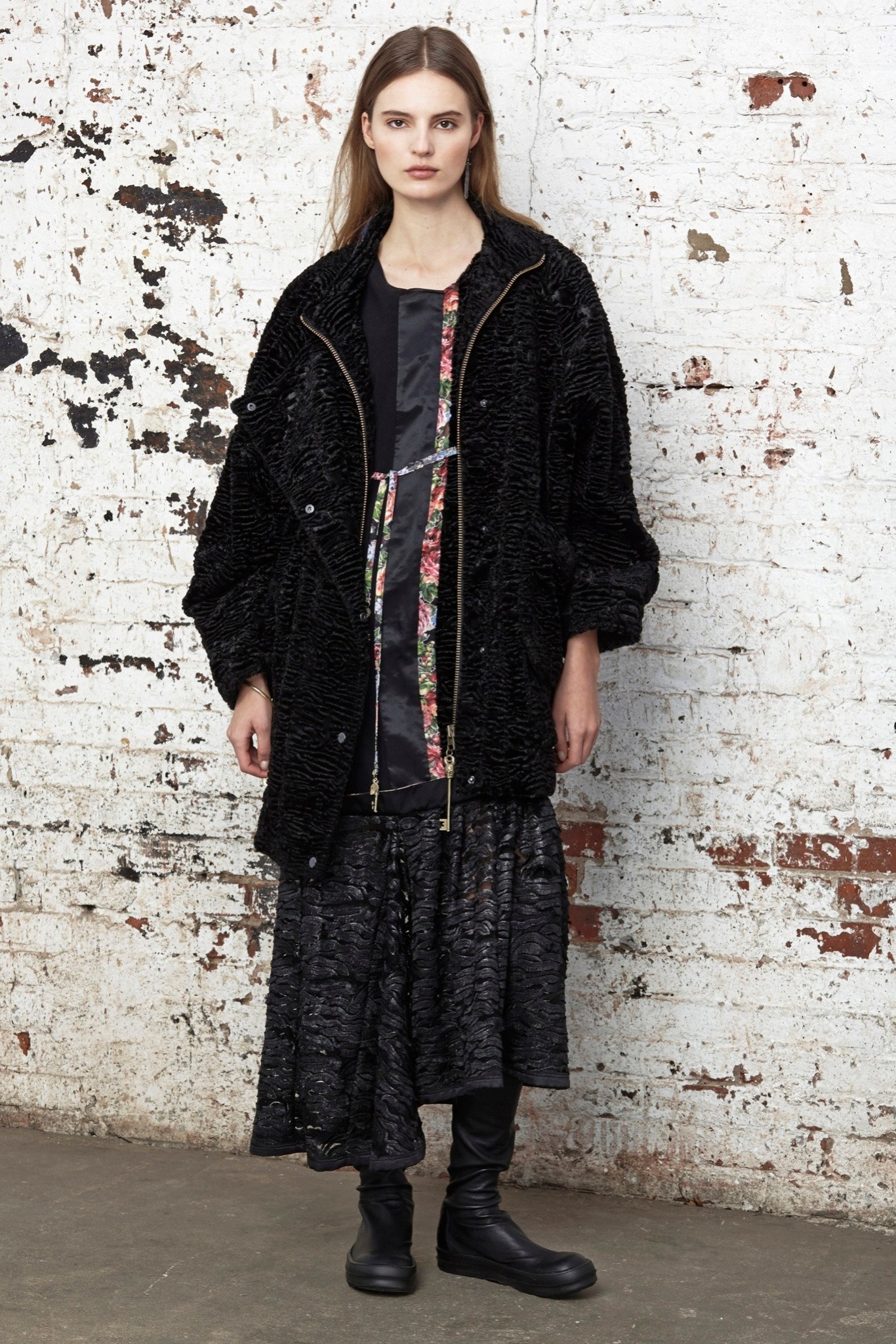 black velvet long-sleeve collared oversized zippered textured coat