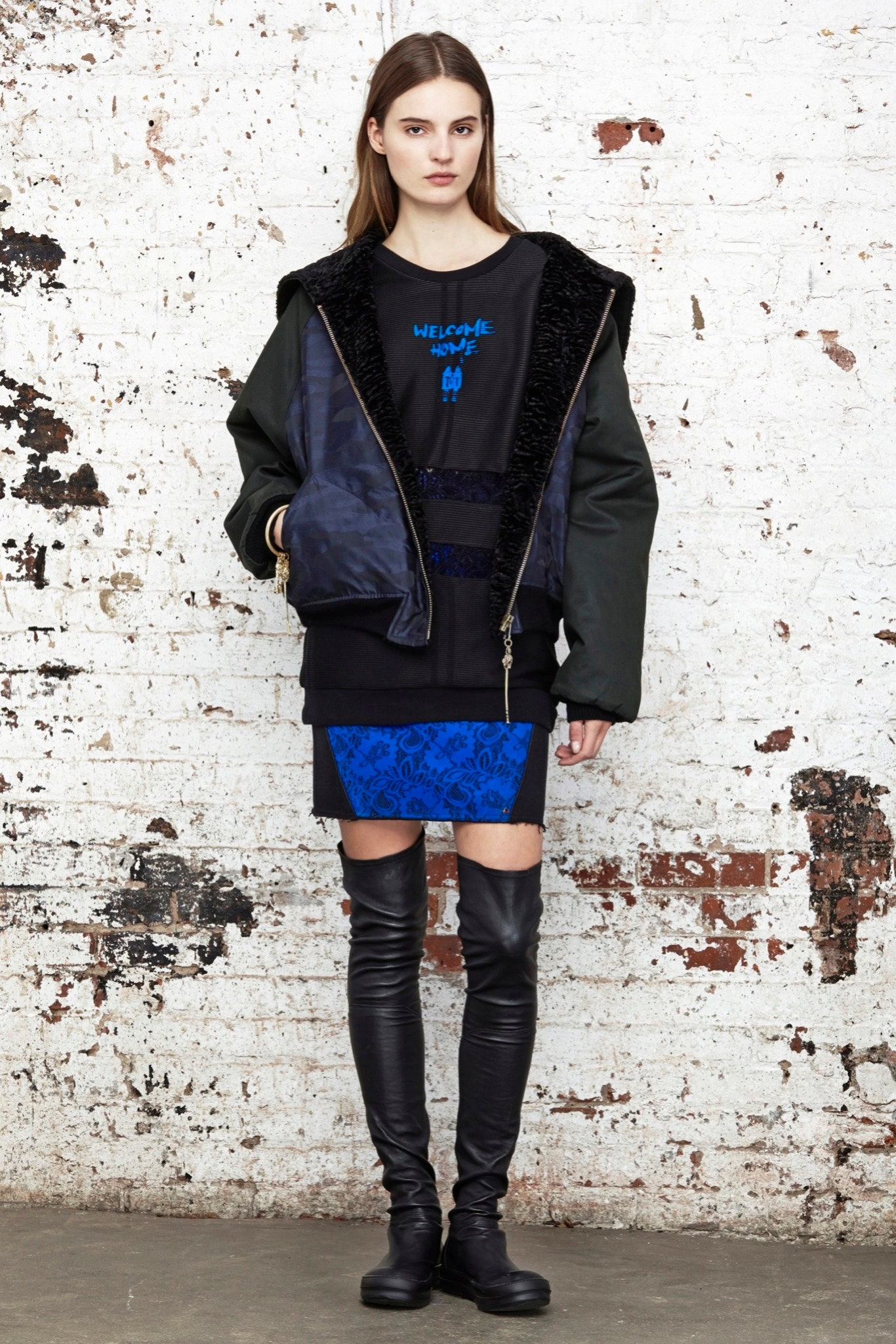 black green jacket with printed top