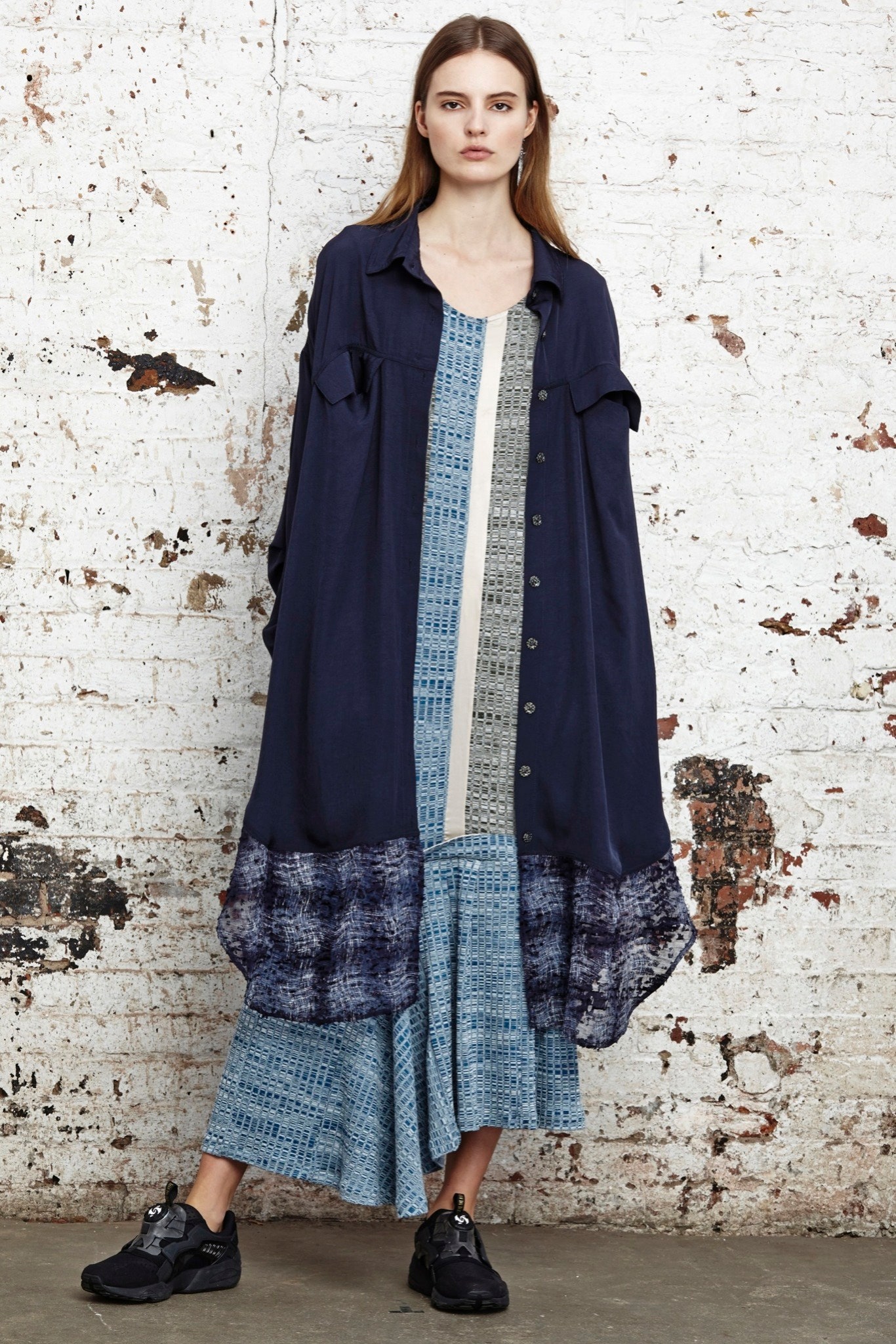blue cotton long-sleeve collared oversized buttoned coat