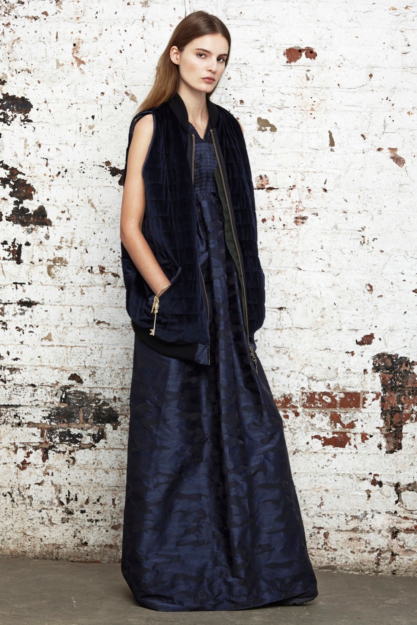 blue velvet sleeveless relaxed zippered vest