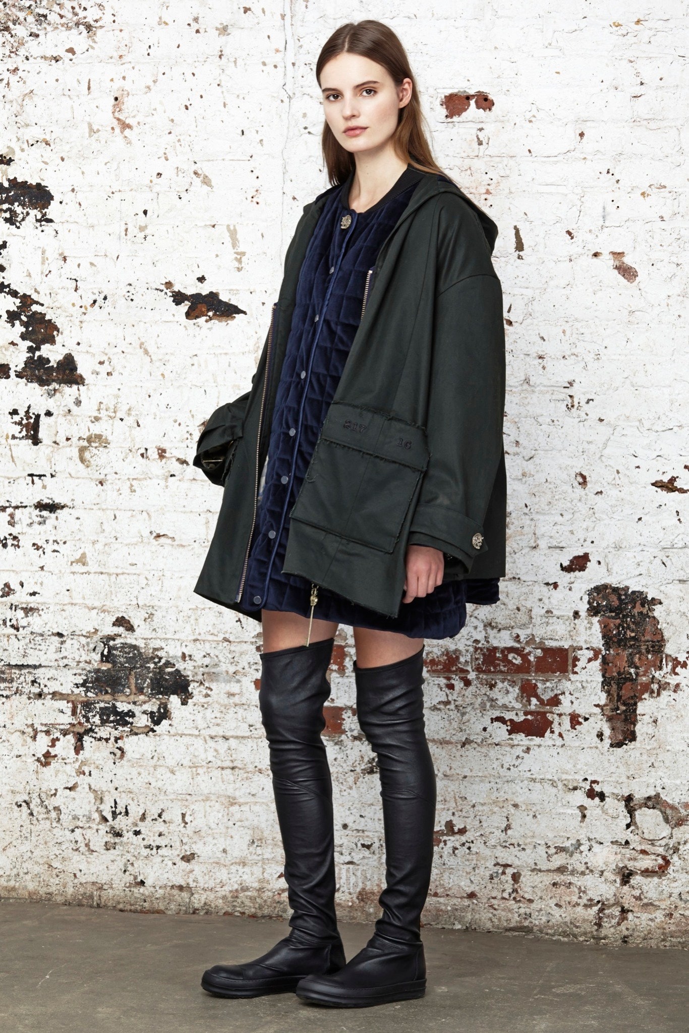 oversized green coat with blue dress