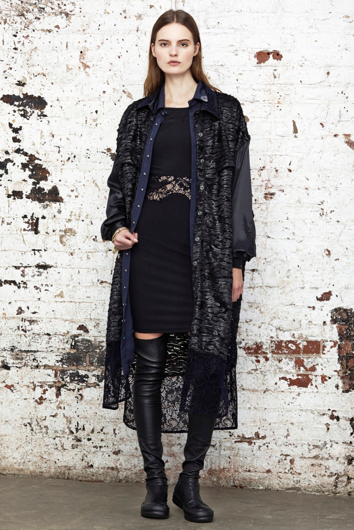 black lace long-sleeve relaxed layered flowing maxi coat